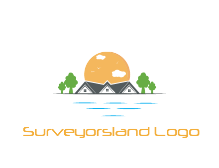 sun behind houses with trees and lake