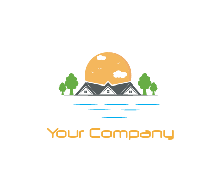sun behind houses with trees and lake