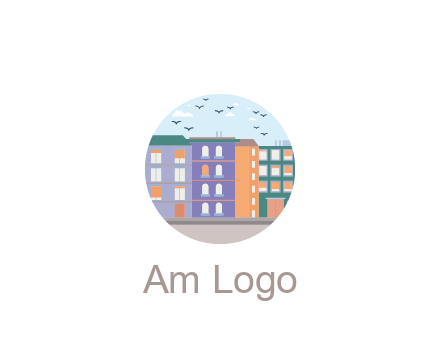 buildings with birds in circle frame