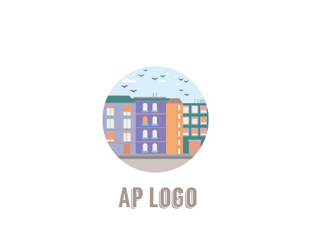 buildings with birds in circle frame