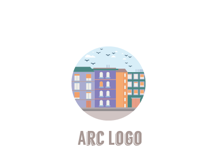 buildings with birds in circle frame