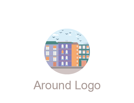 buildings with birds in circle frame