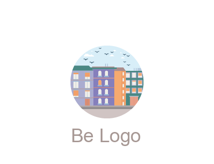 buildings with birds in circle frame