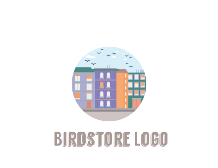 buildings with birds in circle frame