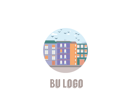 buildings with birds in circle frame
