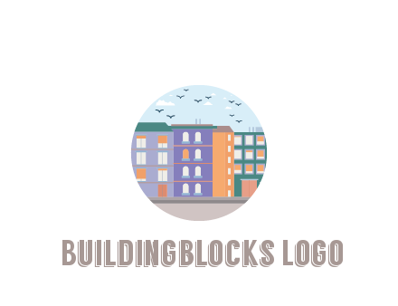 buildings with birds in circle frame