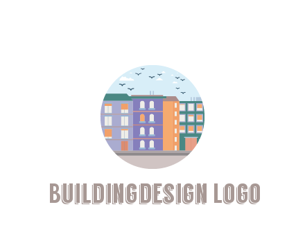 buildings with birds in circle frame