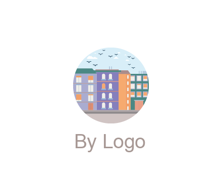 buildings with birds in circle frame