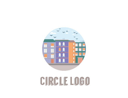 buildings with birds in circle frame