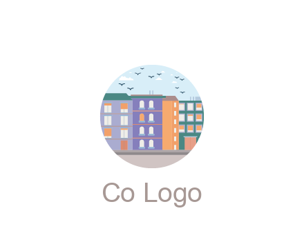 buildings with birds in circle frame