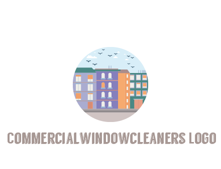 buildings with birds in circle frame