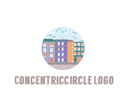 buildings with birds in circle frame