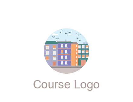 buildings with birds in circle frame
