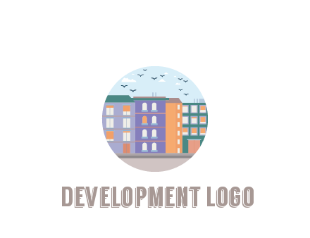 buildings with birds in circle frame