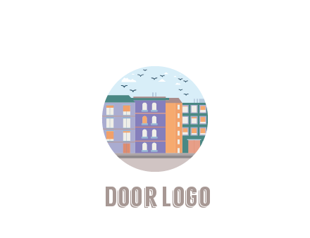 buildings with birds in circle frame