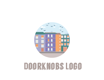 buildings with birds in circle frame
