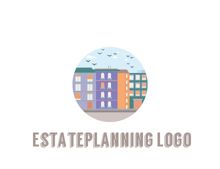 buildings with birds in circle frame