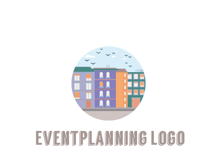 buildings with birds in circle frame