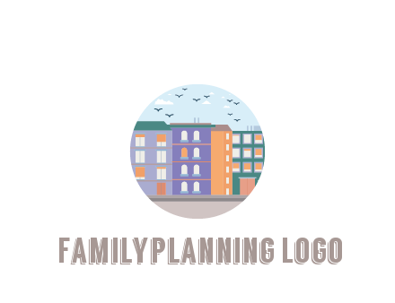 buildings with birds in circle frame