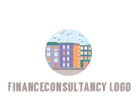 buildings with birds in circle frame
