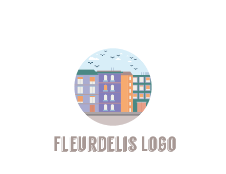 buildings with birds in circle frame