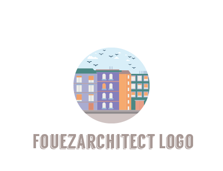buildings with birds in circle frame