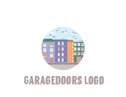 buildings with birds in circle frame