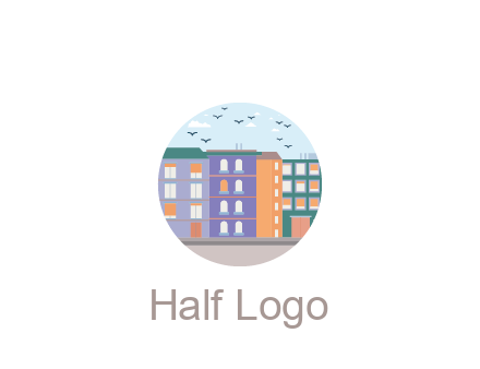buildings with birds in circle frame