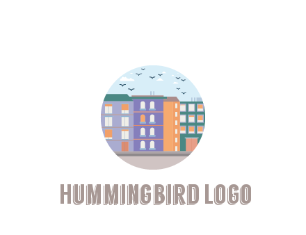 buildings with birds in circle frame
