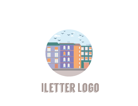 buildings with birds in circle frame