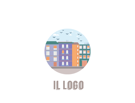 buildings with birds in circle frame