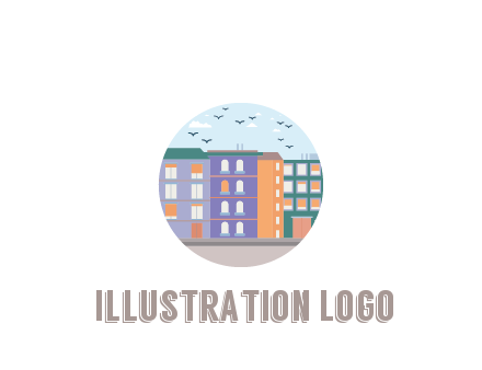 buildings with birds in circle frame
