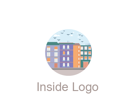 buildings with birds in circle frame