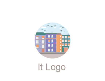 buildings with birds in circle frame