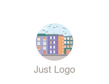 buildings with birds in circle frame