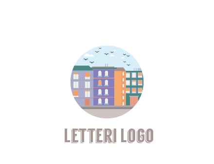 buildings with birds in circle frame
