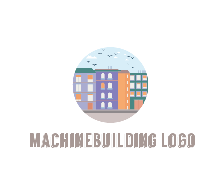 buildings with birds in circle frame