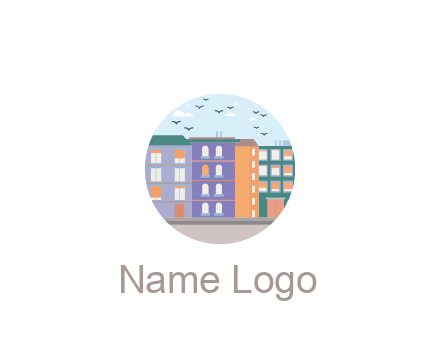 buildings with birds in circle frame