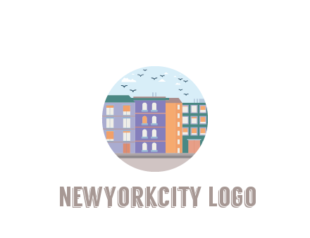 buildings with birds in circle frame