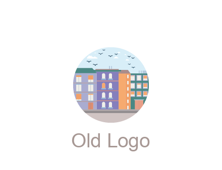 buildings with birds in circle frame