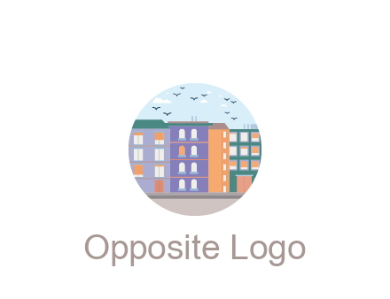 buildings with birds in circle frame