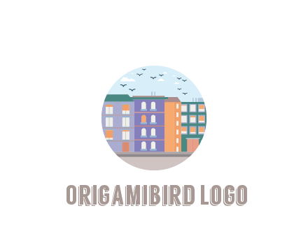 buildings with birds in circle frame