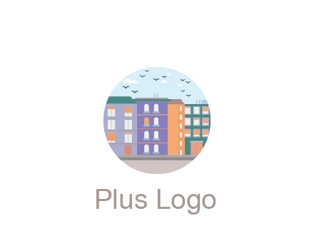 buildings with birds in circle frame