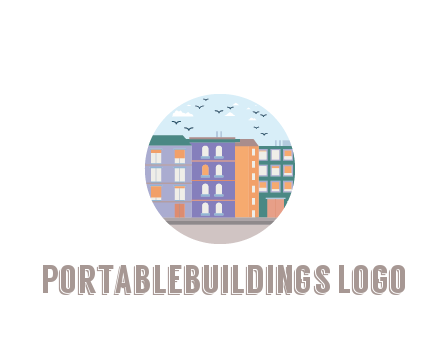 buildings with birds in circle frame