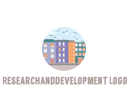 buildings with birds in circle frame