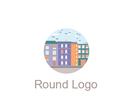 buildings with birds in circle frame