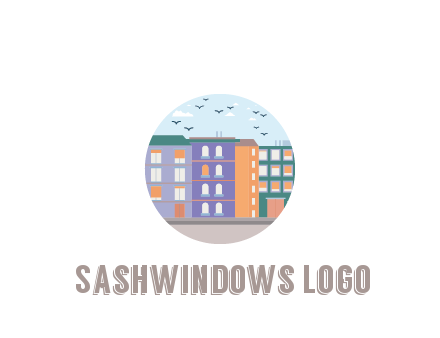 buildings with birds in circle frame