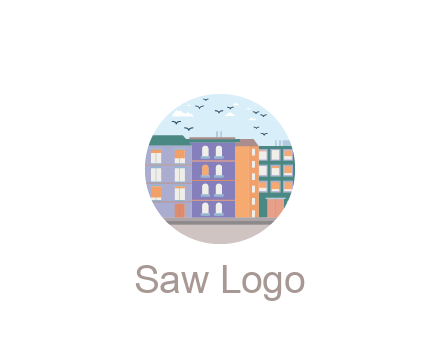 buildings with birds in circle frame