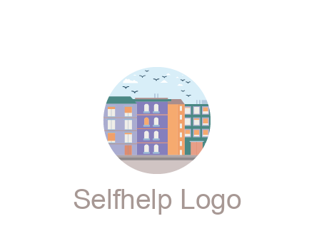 buildings with birds in circle frame