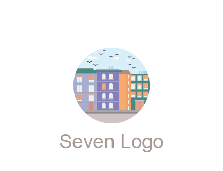 buildings with birds in circle frame